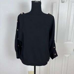 New York & Co Black Blouse Gold Button Dolman‎ Sleeve Boat Neck Top Womens M